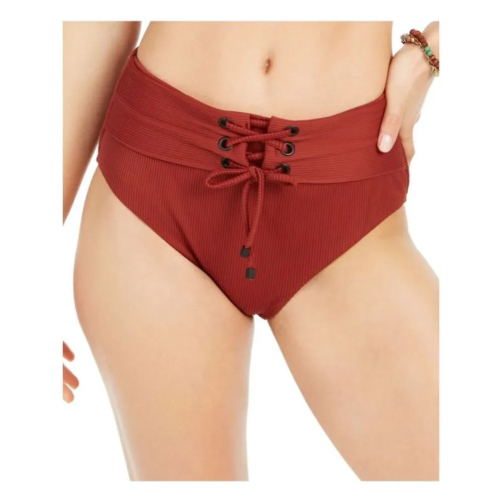 BAR III Women's Red Grommet Tie High-Leg Bikini Ribbed Swimsuit Bottom M